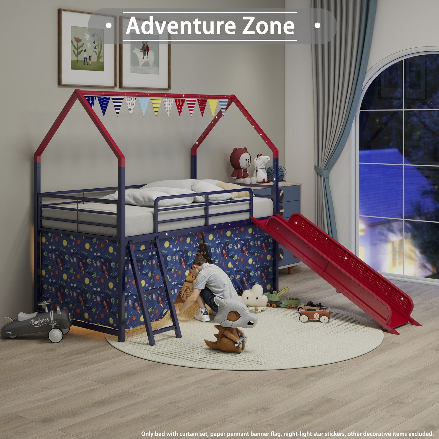 Jack - House Loft Bed With Slide And Curtain Set