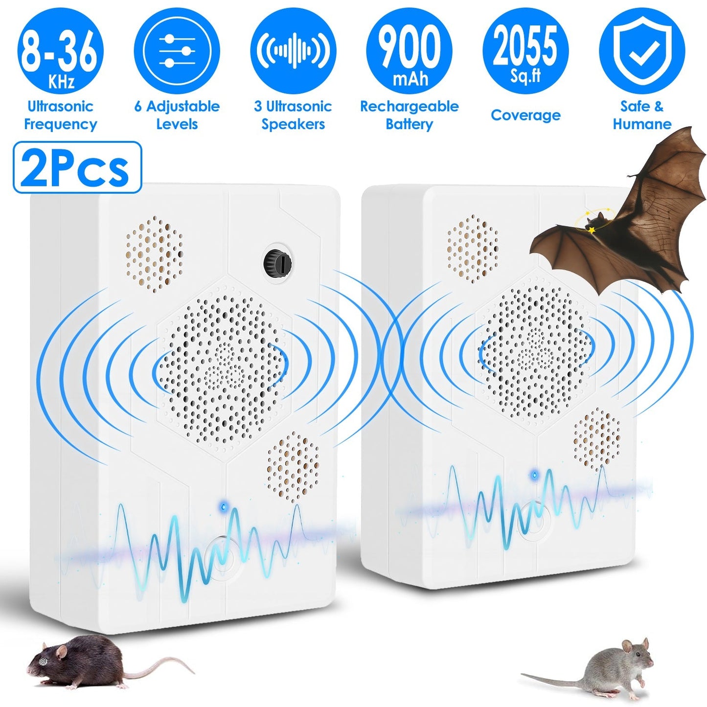 2Pack 2026 Upgraded Rechargeable Ultrasonic Bat Repellent Indoor Outdoor Bird Mouse Dog Deterrent Device with 3 Ultrasonic Speakers for Attic Porch Ho