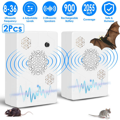2Pack 2026 Upgraded Rechargeable Ultrasonic Bat Repellent Indoor Outdoor Bird Mouse Dog Deterrent Device with 3 Ultrasonic Speakers for Attic Porch Ho
