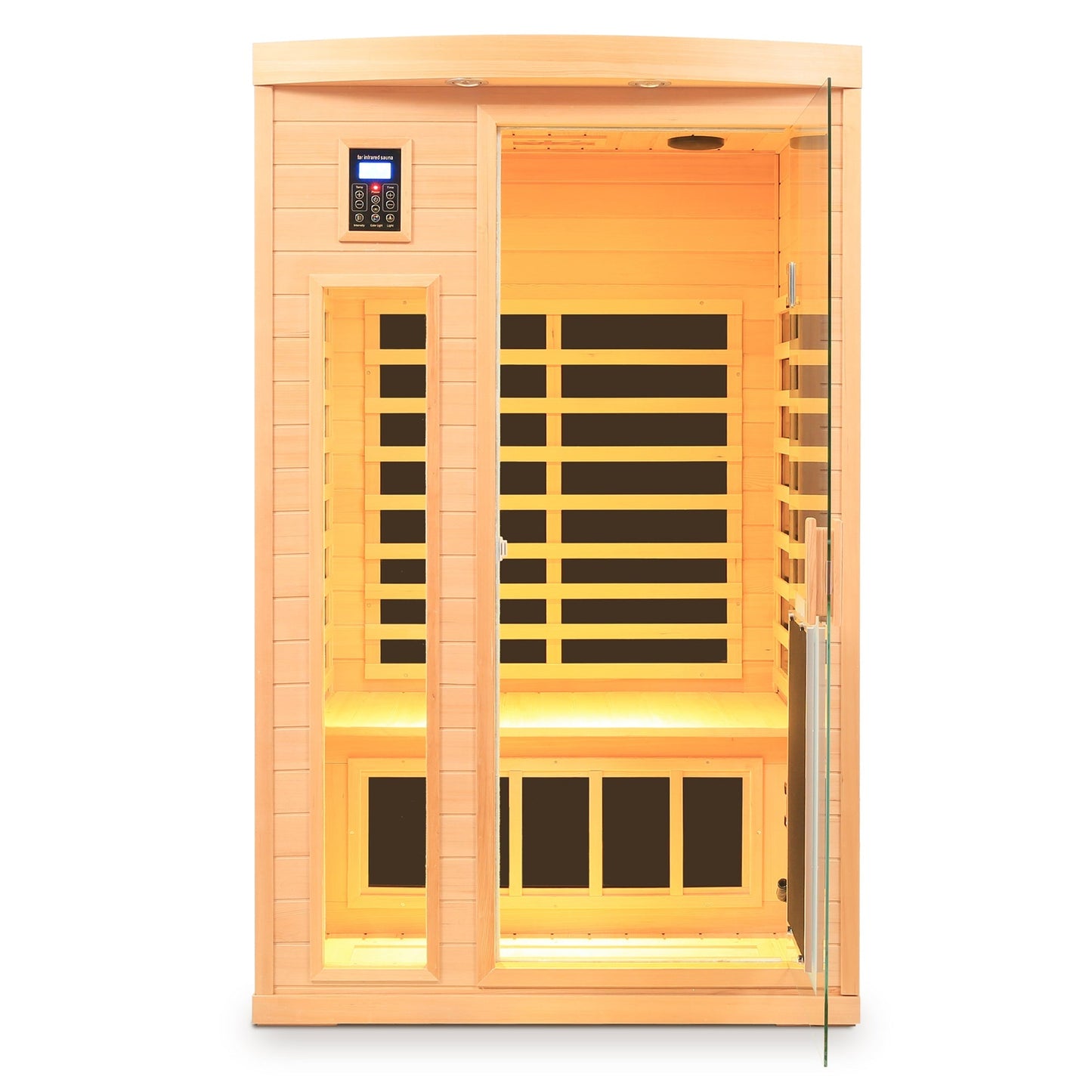 Low EMF, There is also a heating plate on the glass door, Hemlock wood Far-infrared indoor Two person sauna room