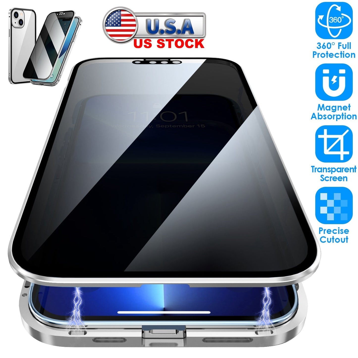 Privacy Magnetic Phone Case 360¡ Full Protection Anti Spy Phone Cover Double Sided Tempered Glass Magnet Absorption Fit for IOS Phone 13 Pro