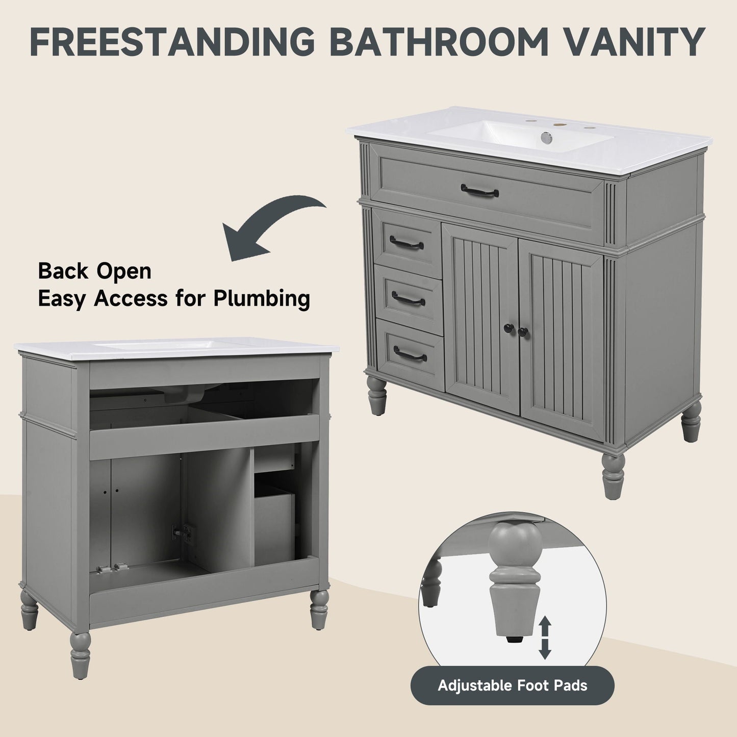 Bathroom Vanity With Sink, Freestanding Cabinet & Drawers