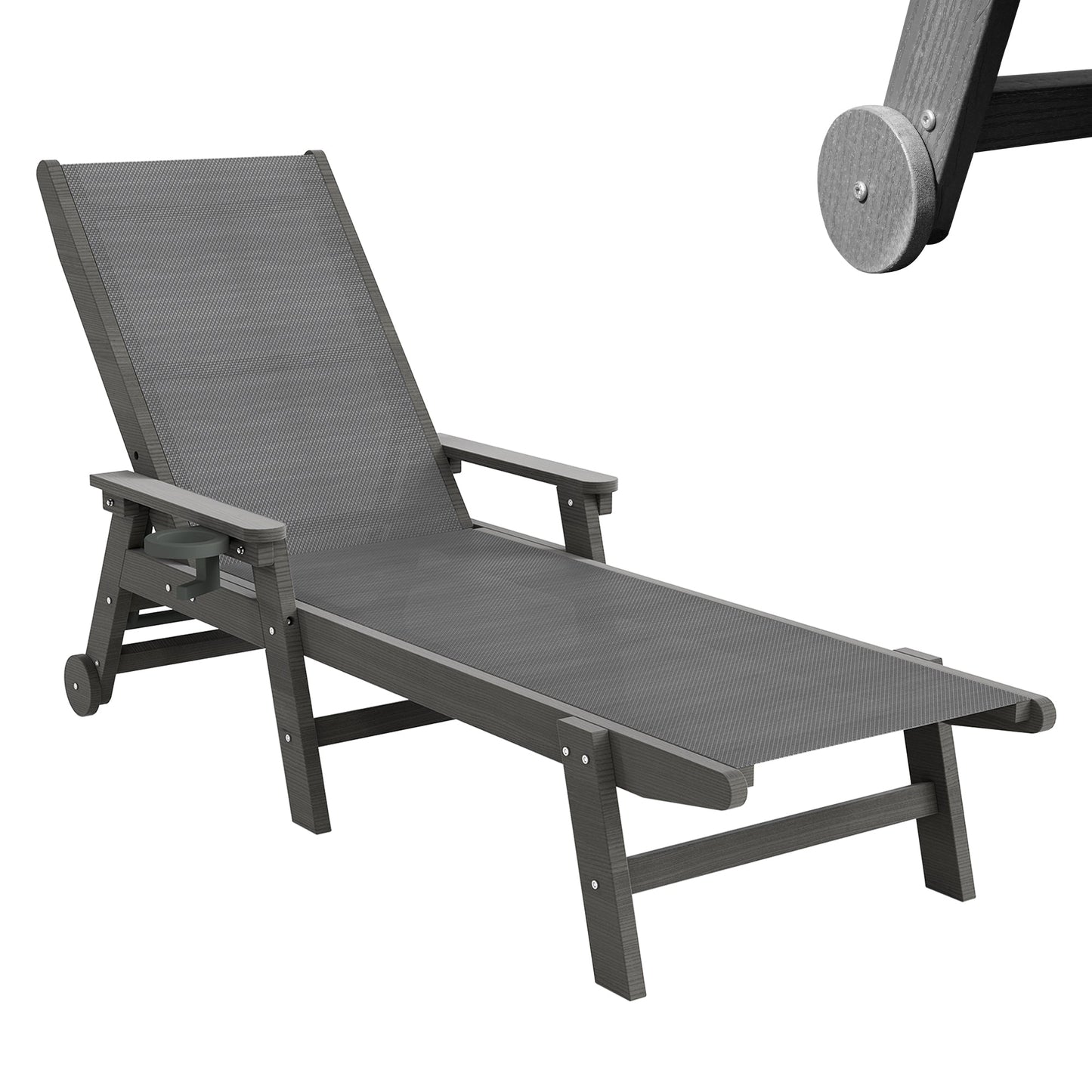 Lounge Chair Outdoor, HDPE Chaise Lounge with Wheels and Adjustable Recliner