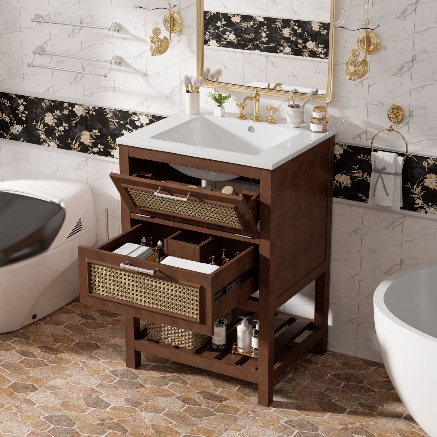 Modern Bathroom Vanity With Integrated Sink, Cabinet With 1 Deep Drawer And 1 Tip-Out Drawer