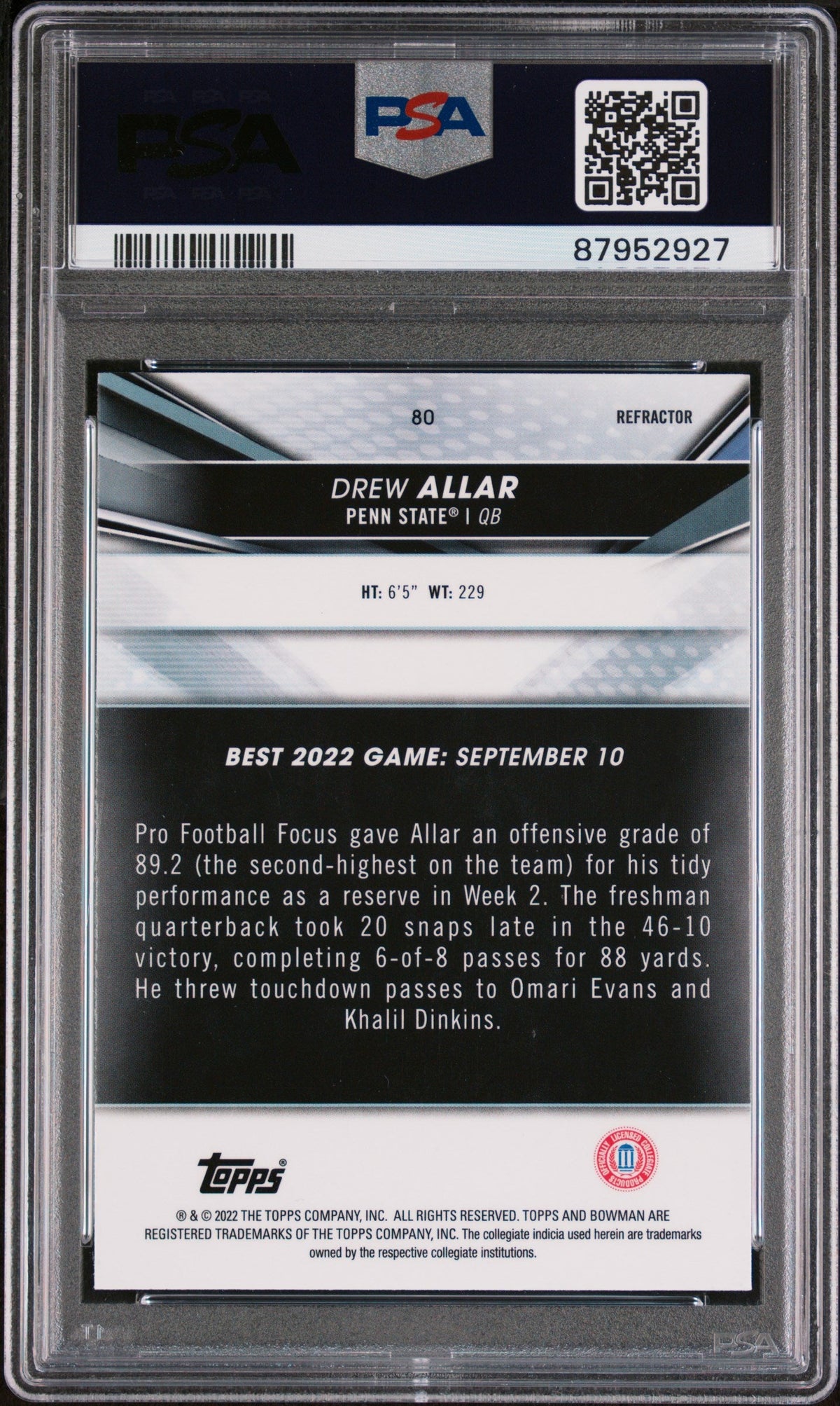 Graded 2022 Topps Bowman Best University Drew Allar #80 Refractor Rookie RC Football Card PSA 10 Gem Mint