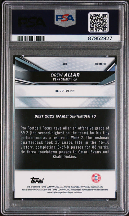 Graded 2022 Topps Bowman Best University Drew Allar #80 Refractor Rookie RC Football Card PSA 10 Gem Mint