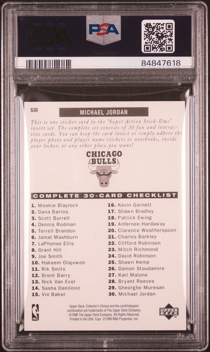 Graded 1996 Upper Deck Collectors Choice Michael Jordan #S30 Stick Ums 1 Red Jersey Basketball Card PSA 10 Gem Mint