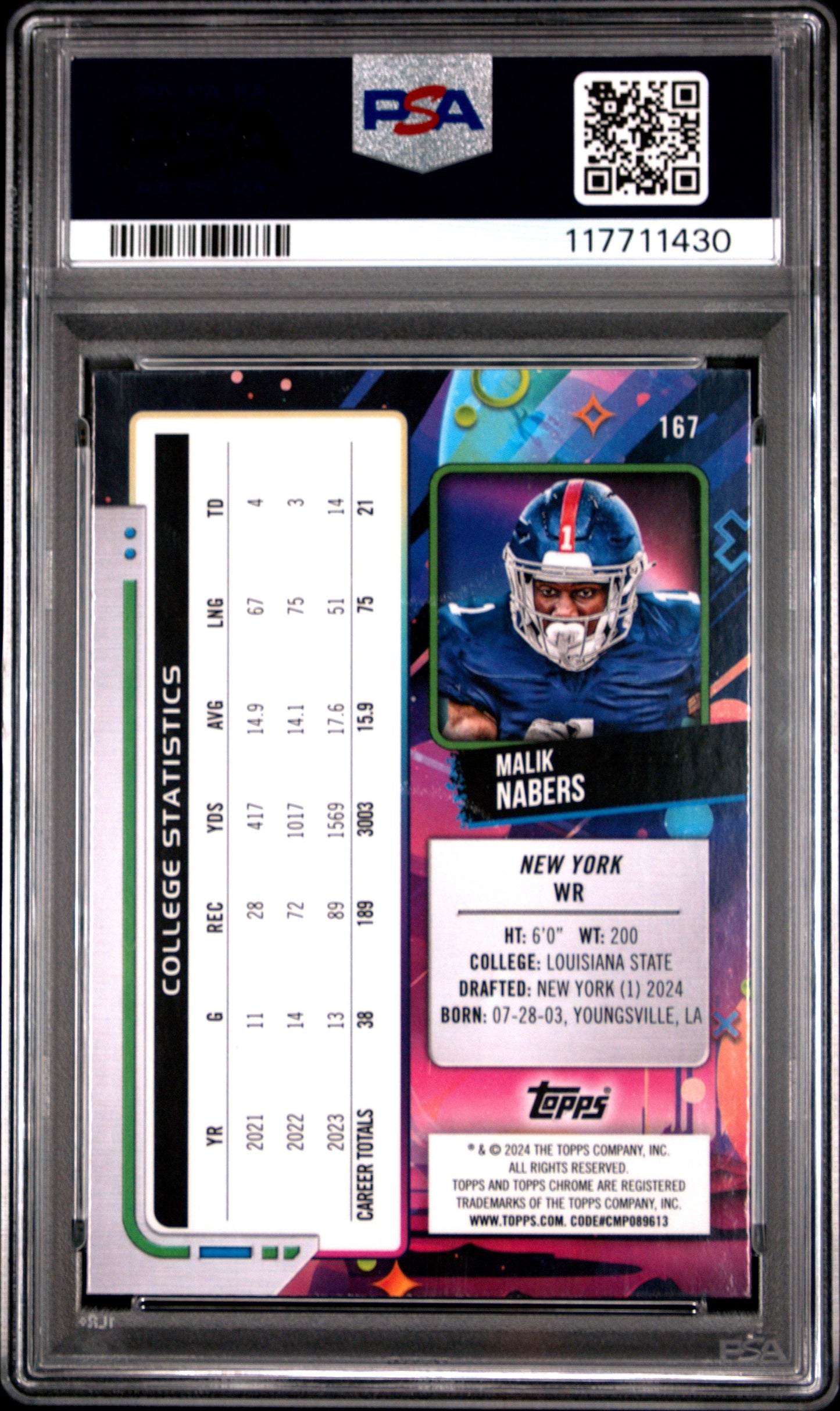 Graded 2024 Topps Cosmic Chrome Malik Nabers #167 Rookie RC Football Card PSA 10 Gem Mint