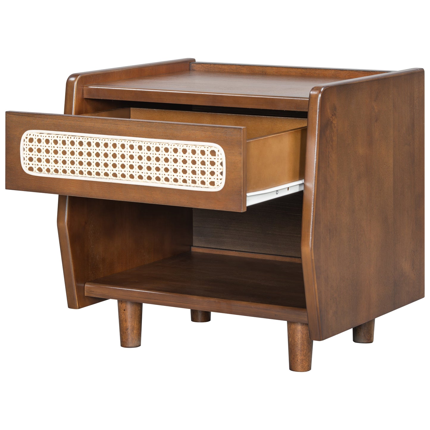 Walnut Nightstand with Rattan Detail, MDF + Solid Wood