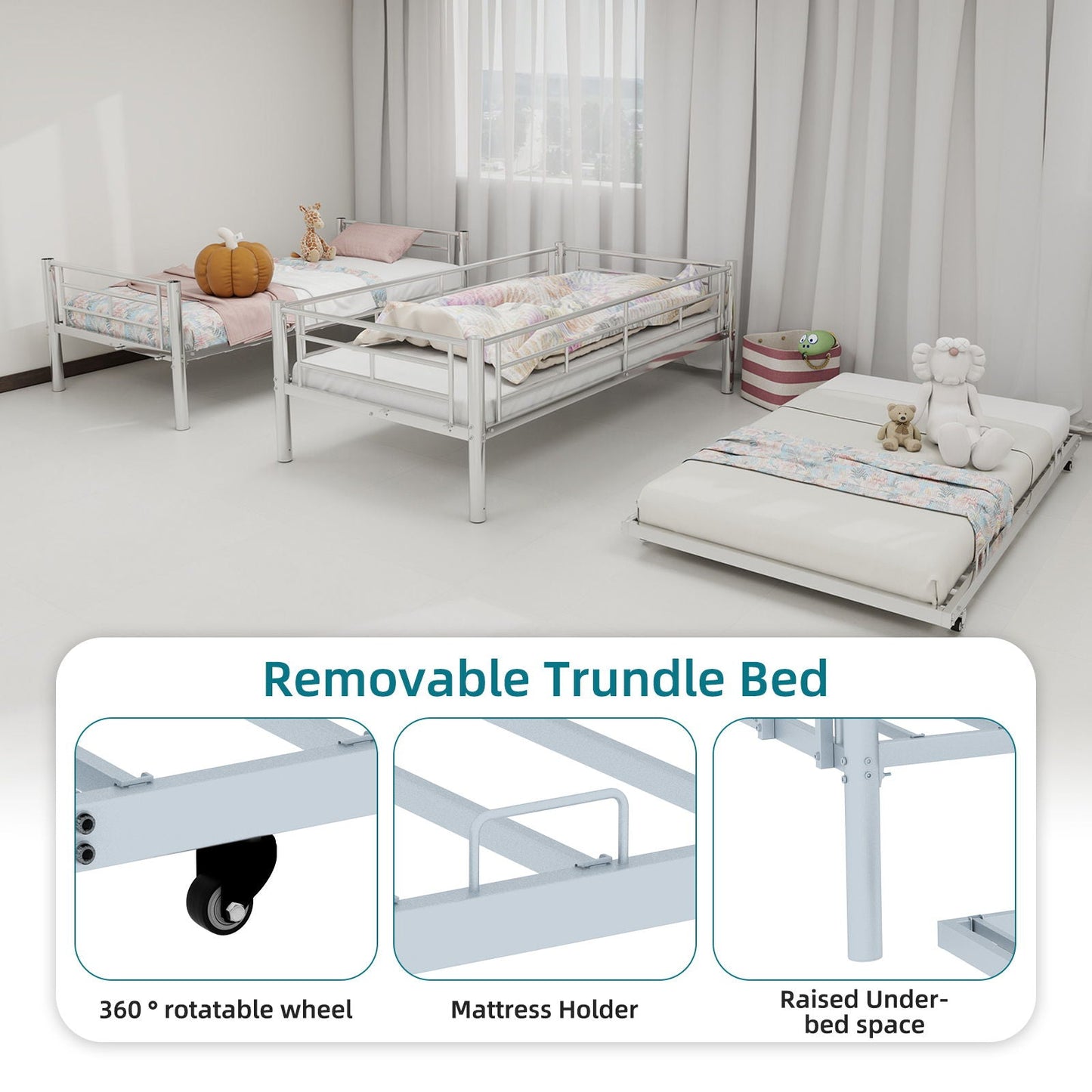 Bunk Bed For Kids, Convertible Frame With Ladders & Guardrail