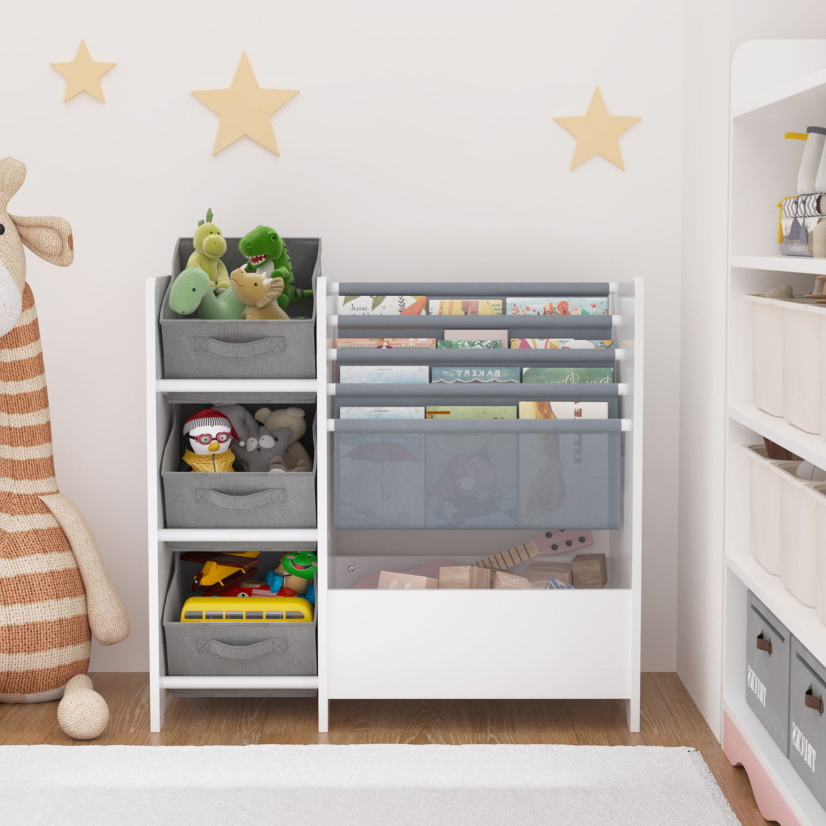 Bookshelf And Toy Storage Organizer, Multifunctional 4 Tier With 3 Collapsible Drawers - White