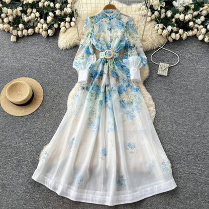Lace-Trim Printed Dress – Mandarin Collar Long Sleeve Tie-Waist A-Line Maxi, Office Commuter Frock
