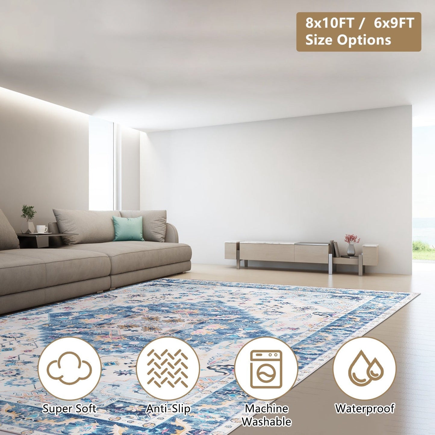 8x10FT VintageÊArea Rug Modern Non Slip Carpet Boho Low Pile Soft Rug Waterproof Machine Washable Rug for Living Room BedroomÊKitchen Dining Room Unde