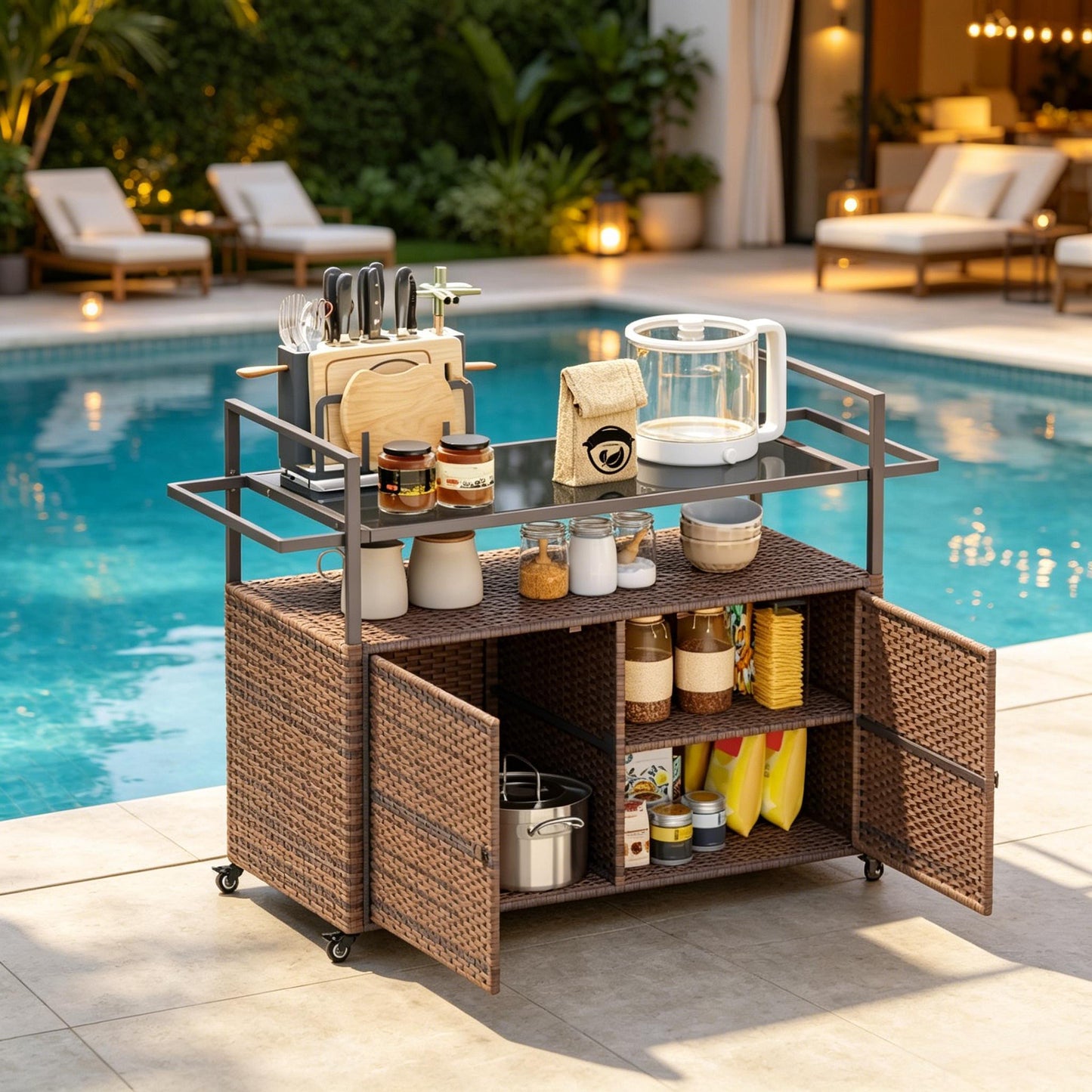 Rattan Storage Cart, Portable Outdoor Serving Cart, Garden Storage Organizer