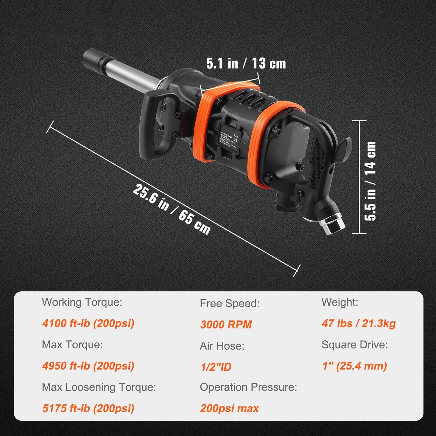 1 Inch Air Impact Wrench with 5175 ft-lbs Torque and 8 Inch Extended Anvil