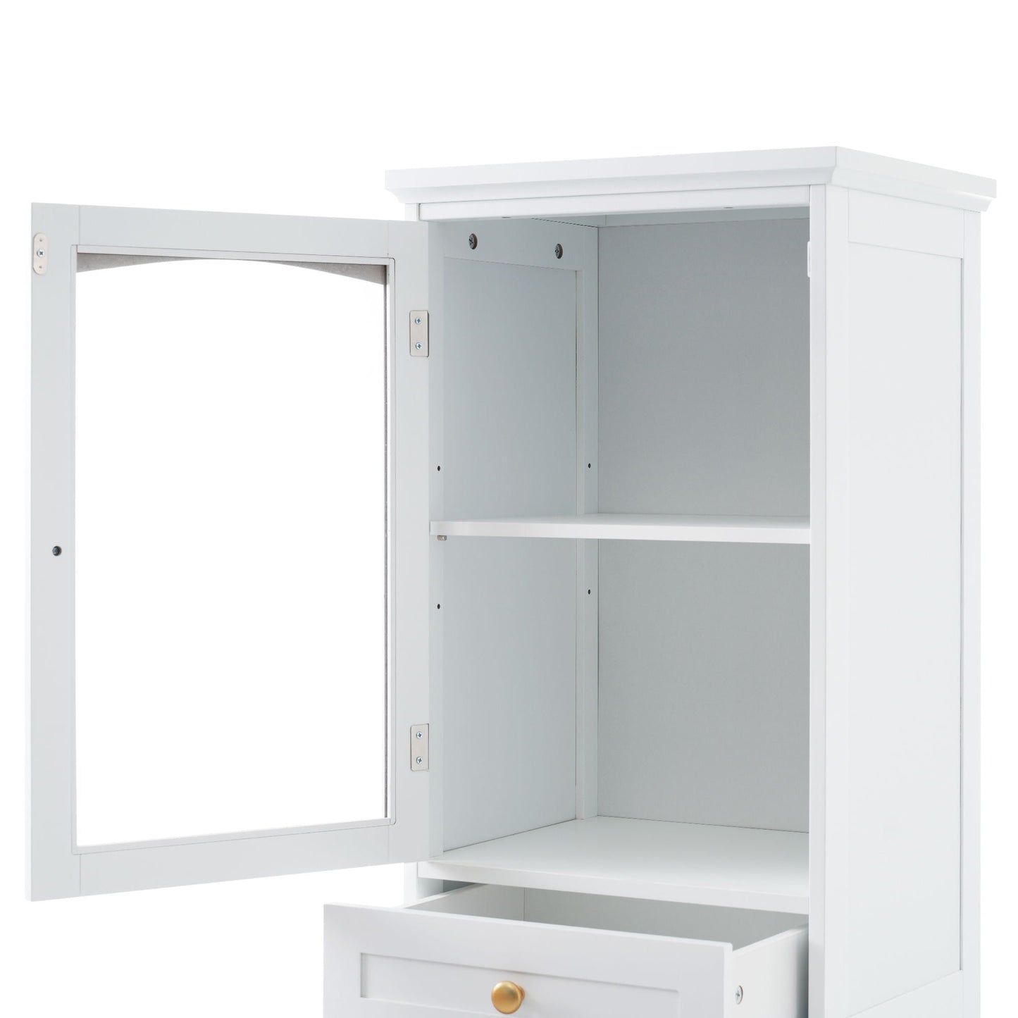Tall Bathroom Storage Cabinet With Glass Doors, Free-Standing, Two Drawers, And Adjustable Shelves, Board, Painted Perfect For Displaying Your Favorite Items