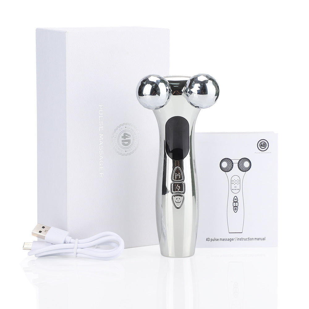 Silver Ergonomic EMS Microcurrent Facial Roller | Intelligent Pulse Face Slimming & Sculpting Device for Skin Tightening