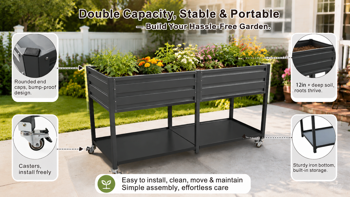 Dual Tier Elevated Metal Raised Garden Bed with Lockable Wheels & Lower Storage Shelf