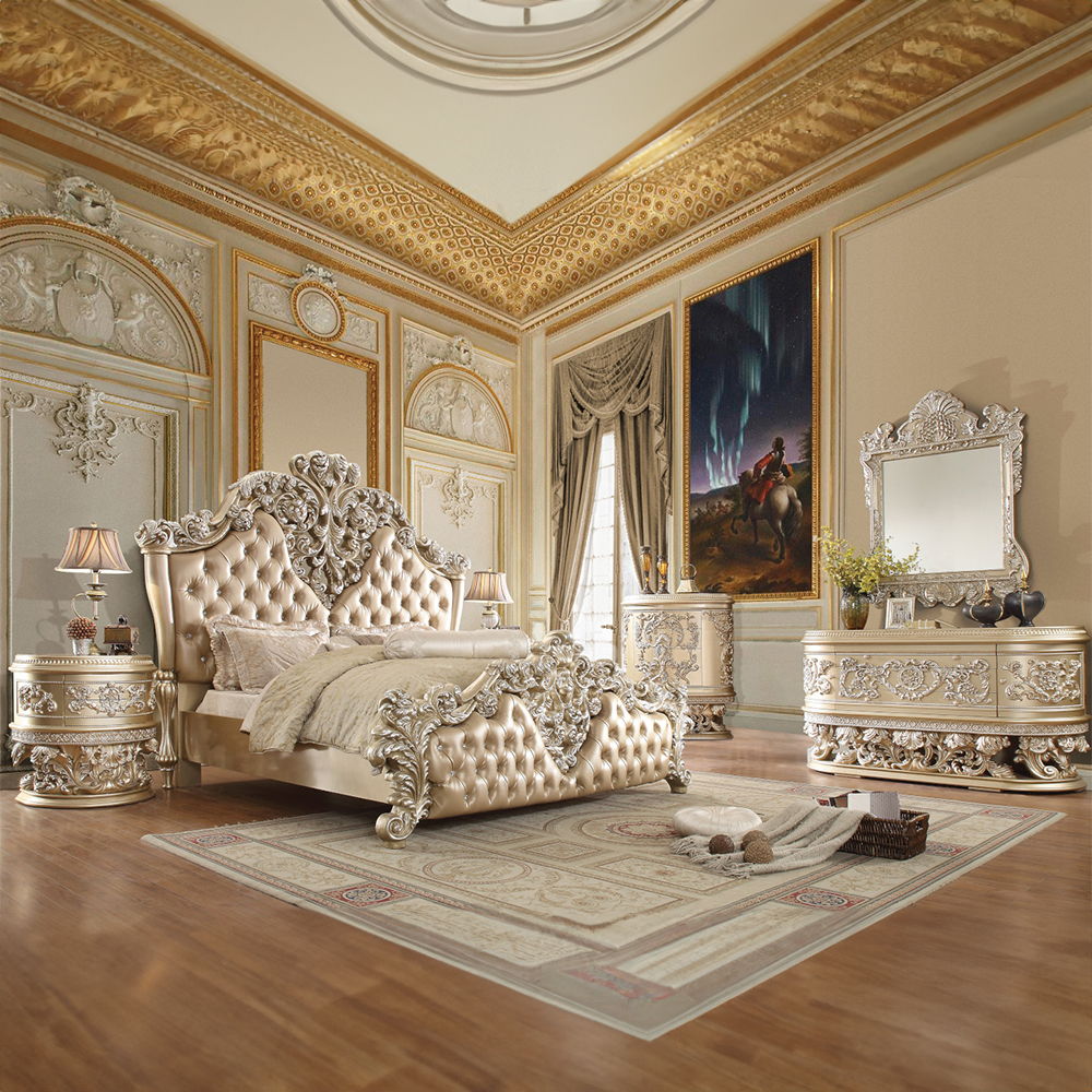 Vatican - Eastern King Bed - Synthetic Leather, Light Gold & Champagne Silver