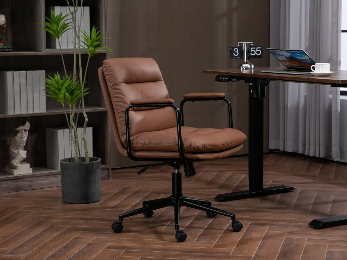 Office Chair, Mid Back Home Office Desk Task Chair With Wheels And Arms Ergonomic Computer Rolling Swivel Chair With Padded Armrest