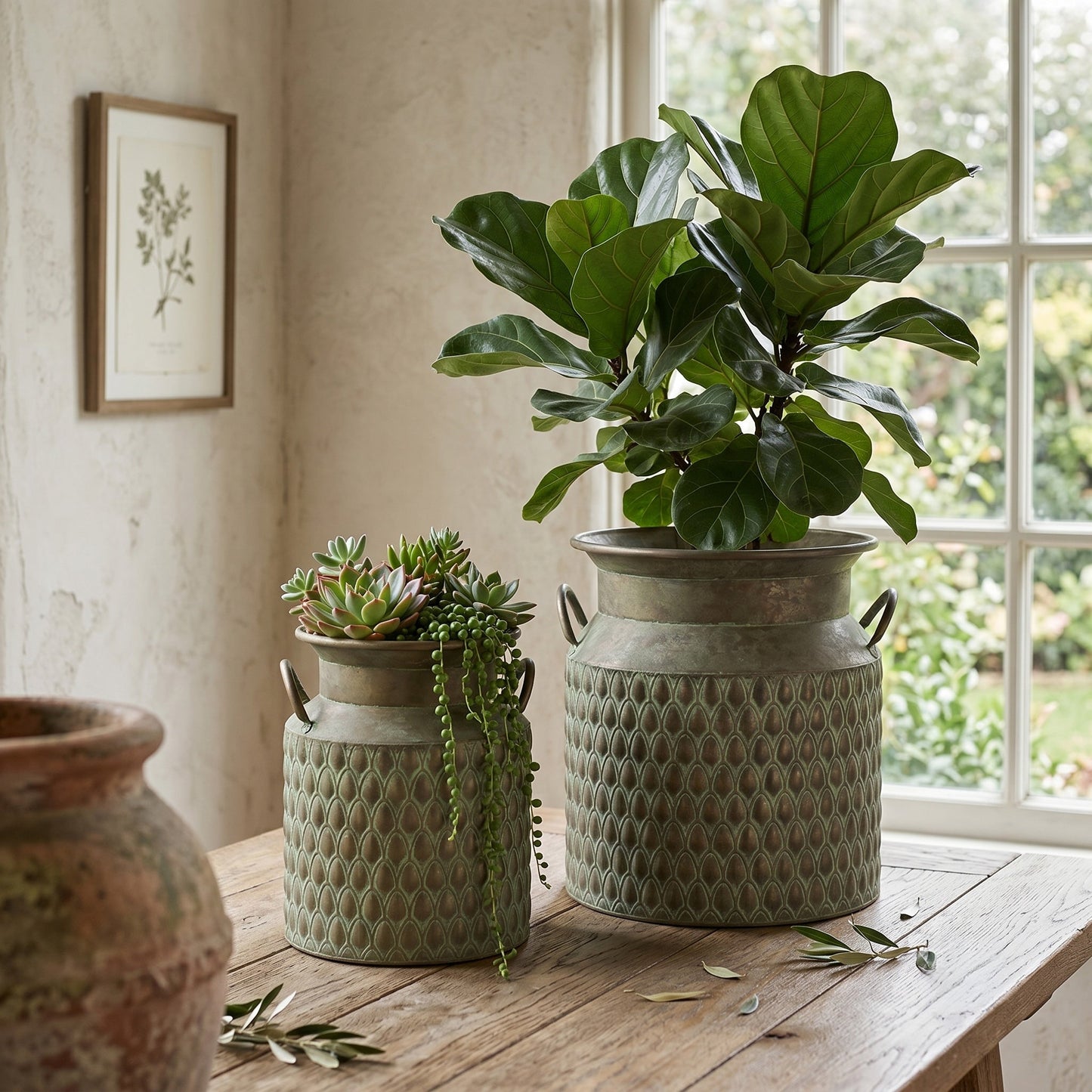 S/2 Iron Milk Jug Planters with Textured Green Finish