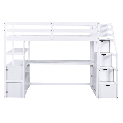 Loft Bed With Desk, Shelves, 2 Drawers, Storage Staircase