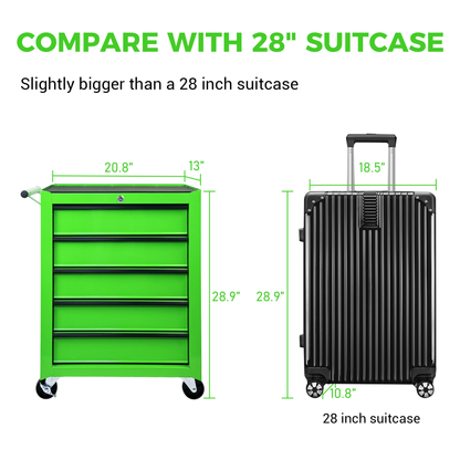Rolling Metal Tool Chest with 5 Drawers, 20" Steel Cabinet - Green
