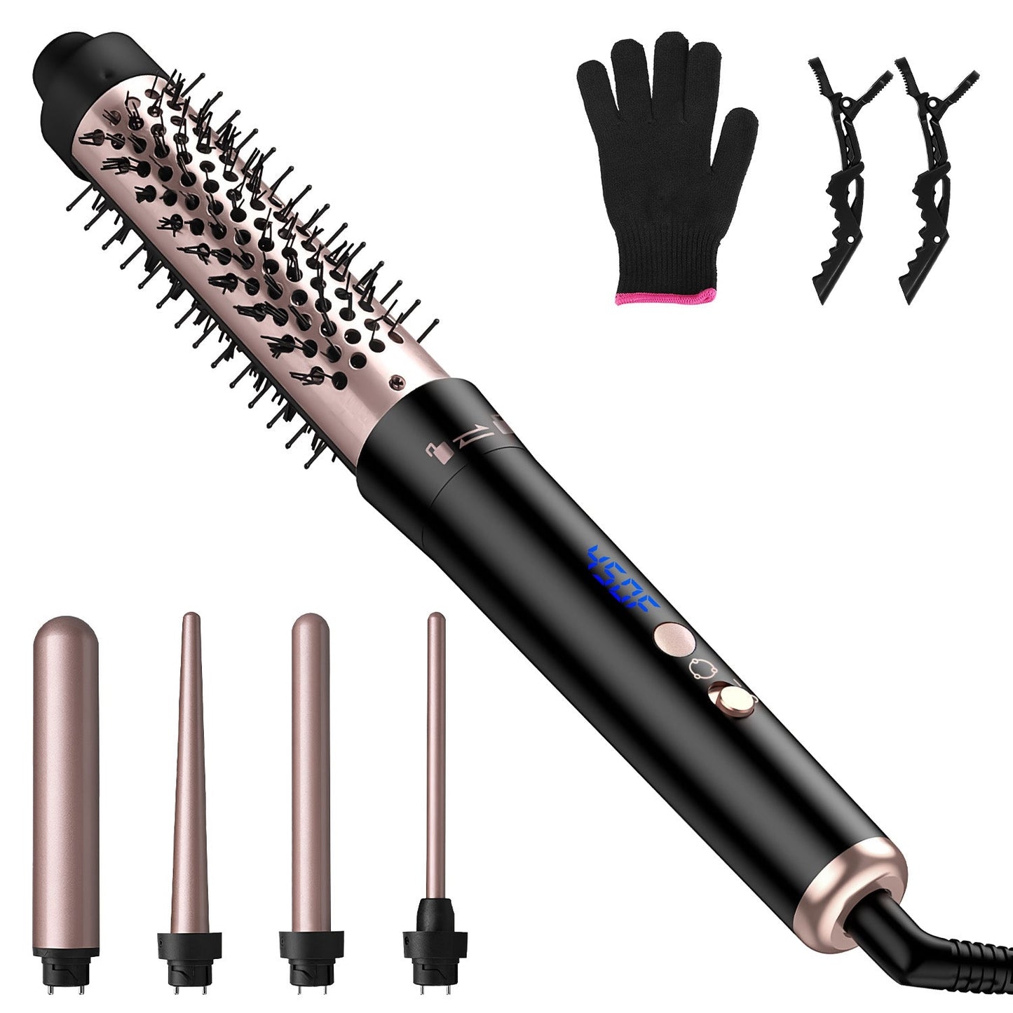 5 in 1 Curling Wand Hair Curling Iron Brush Anti-Tangle HairÊThermal Brush Curler with 4 Heating Levels 360¡ Rotatable Cable 5 Interchangeable Barrels