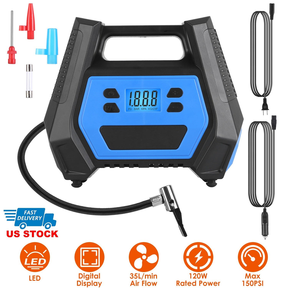 Portable Tire Inflator 150 PSI 120W Max Power Tire Pump with Digital Display LED Light Inflatable Nozzle Needle Fuse Air Compressor for Bikes Motorbik