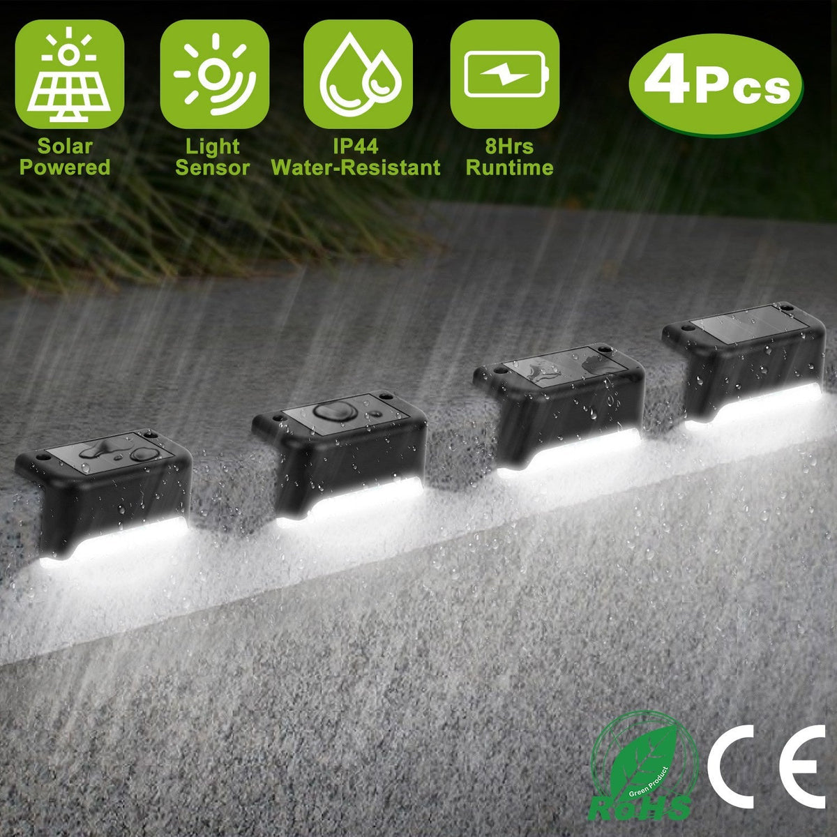 4Pcs Solar Powered LED Step Lights Outdoor Water-Resistant Dusk To Dawn Sensor Fence Lamps For Stairs Yard Railing