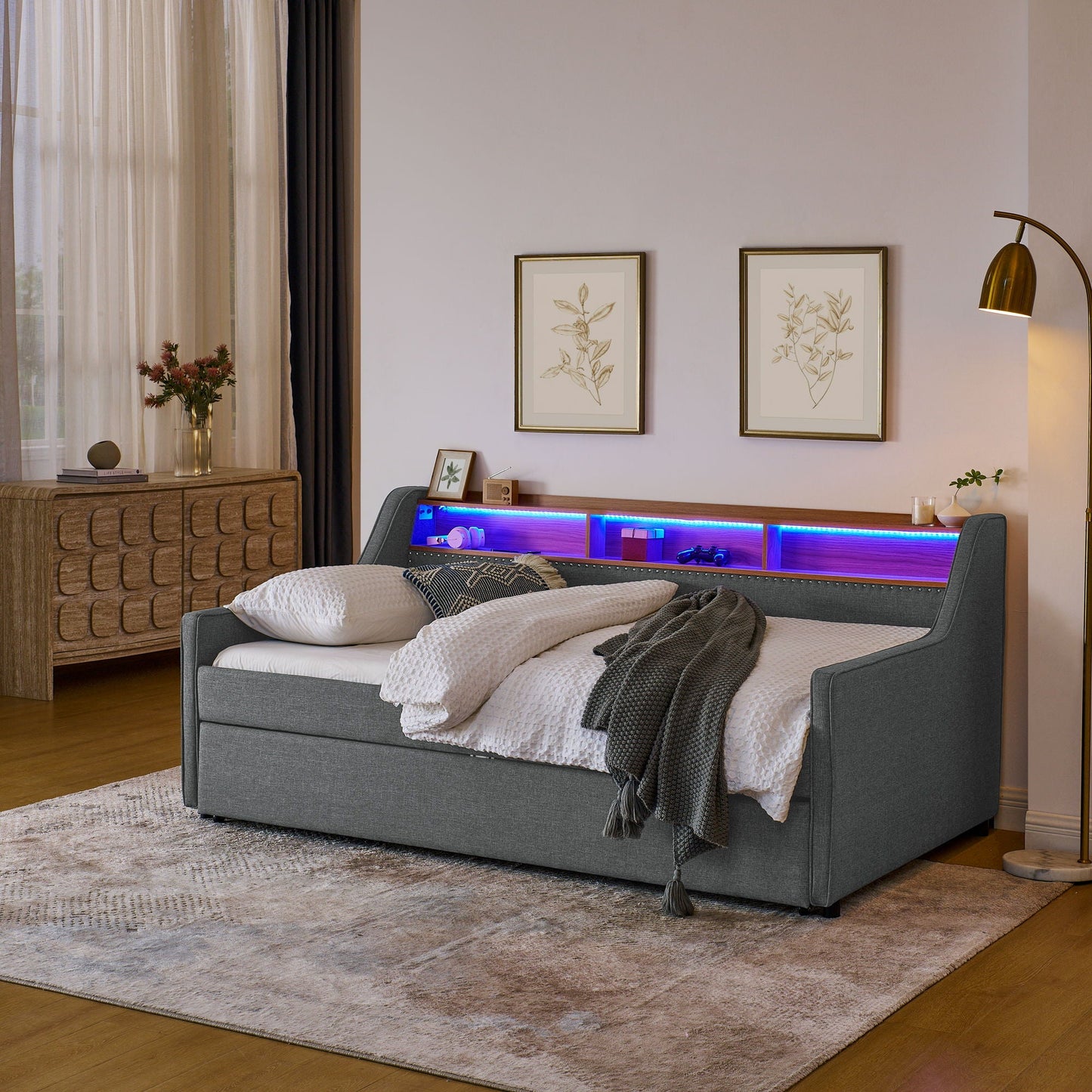 Upholstered Sofa Bed With LED Lights, Storage Headboard, Foldable Trundle & Wireless Charging