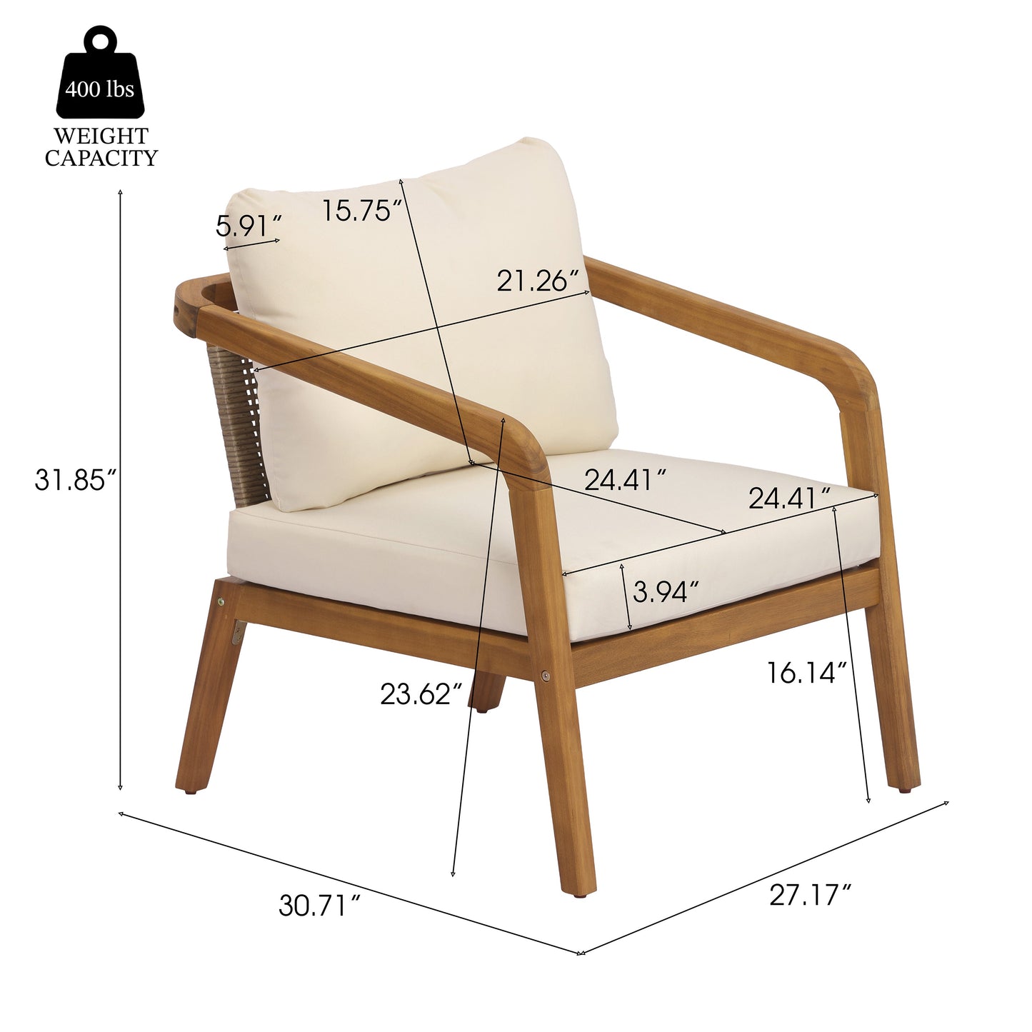 Acacia Wood Outdoor Patio Club Chair with PE Wicker Backrest & Cushions