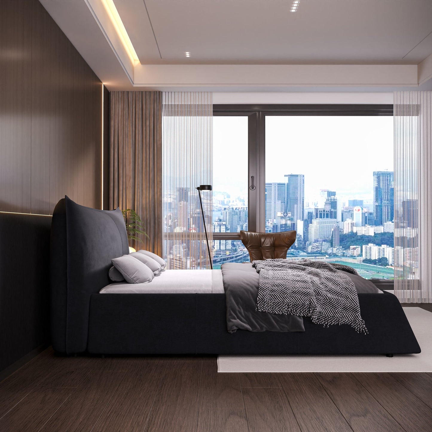 Upholstered Platform Bed With Special Shaped Headboard