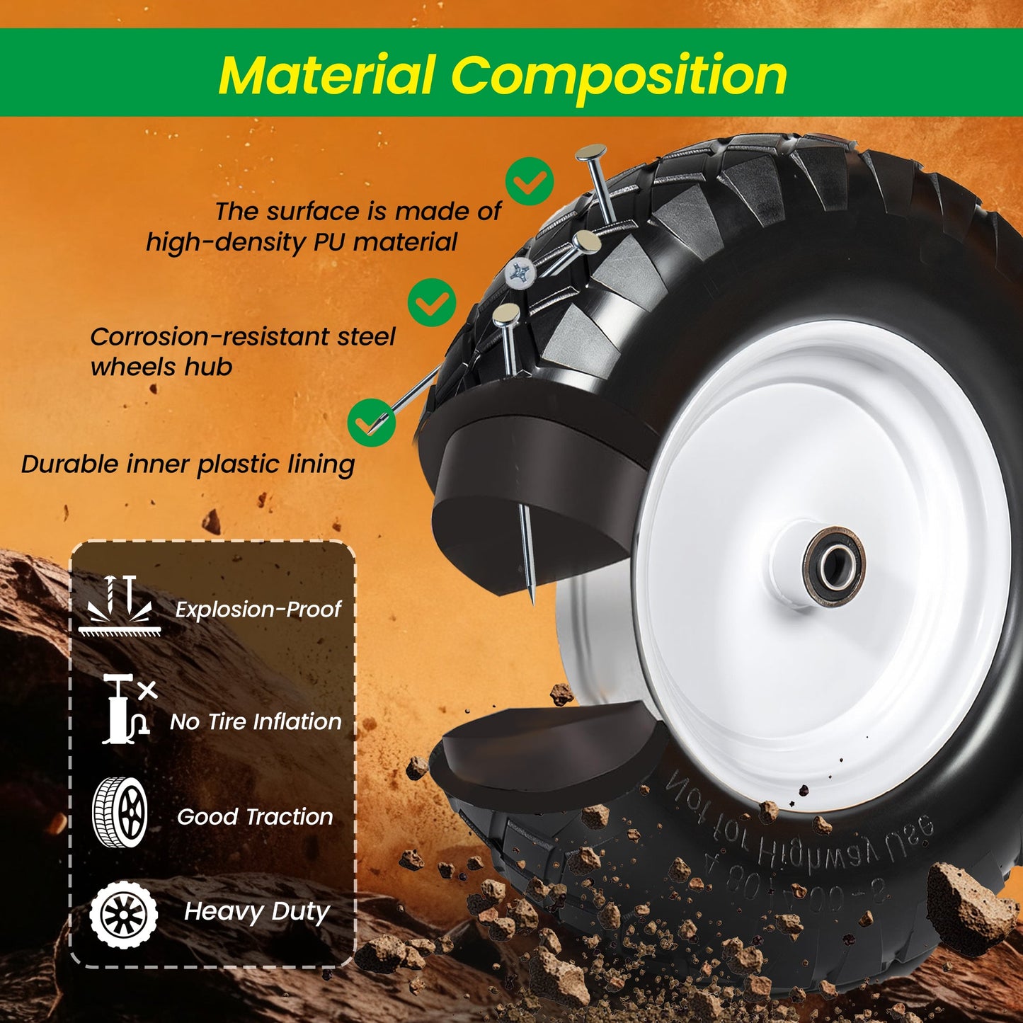 4.80/4.00-8 Flat-Free Solid Wheelbarrow Tire and Wheel, 16"