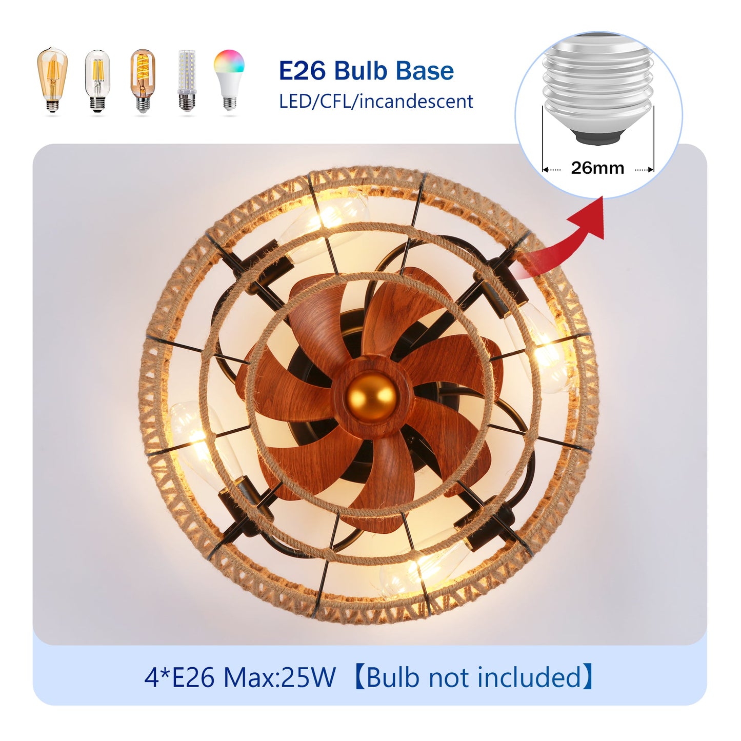 20" Rope Caged Flush Mount Ceiling Fan with Light Kit and Remote Control