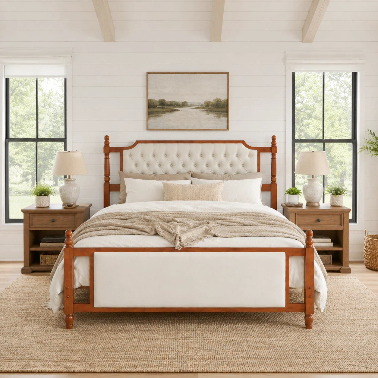 King Size Upholstered Platform Bed with Button Tufted Headboard