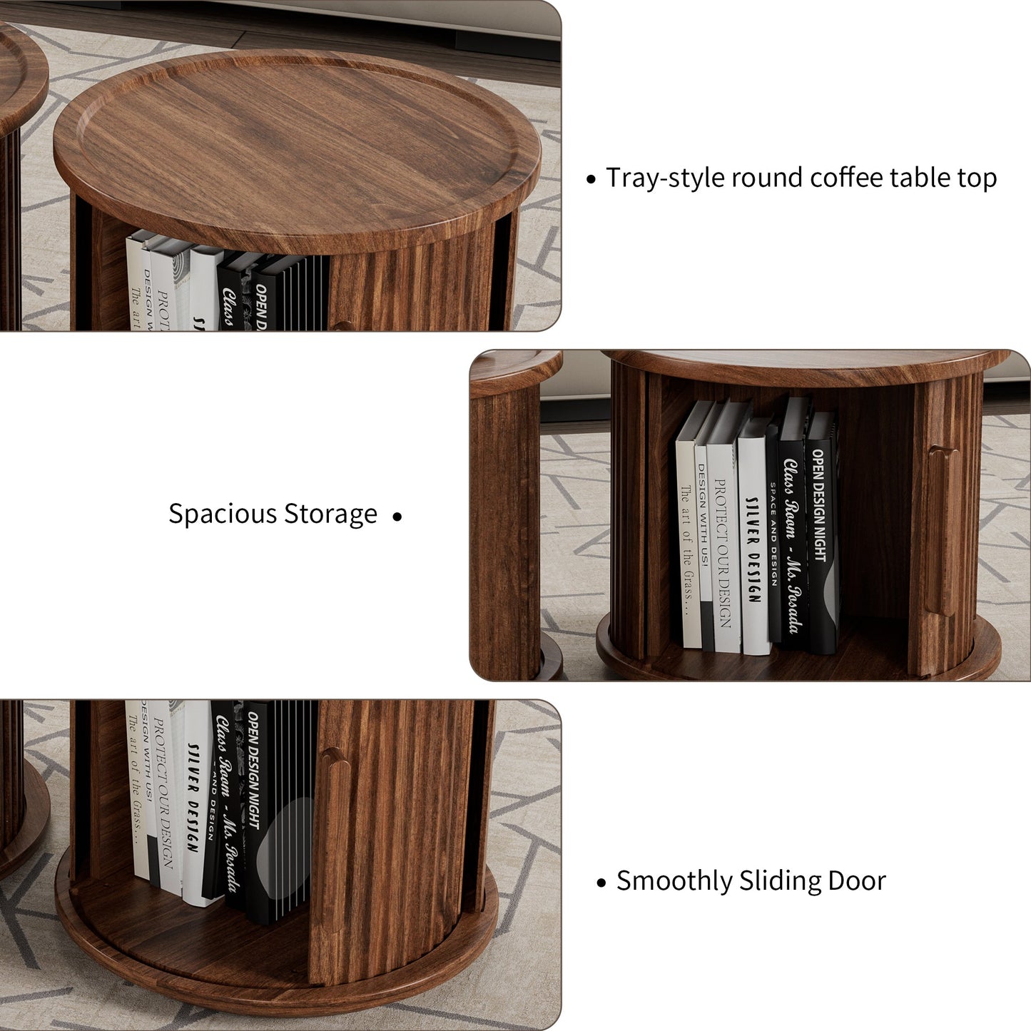 4-Piece Round Coffee Table Set with Sliding Door Storage