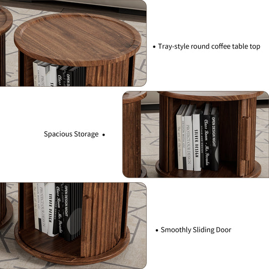4-Piece Round Coffee Table Set with Sliding Door Storage