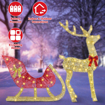 Lighted Christmas Reindeer & Sleigh Indoor Outdoor Christmas Decoration Christmas Lighted Display with 8 Lighting Modes