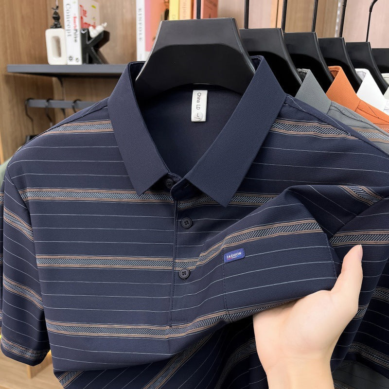 Mens Summer Striped Loose-Fit Lapel T-Shirt