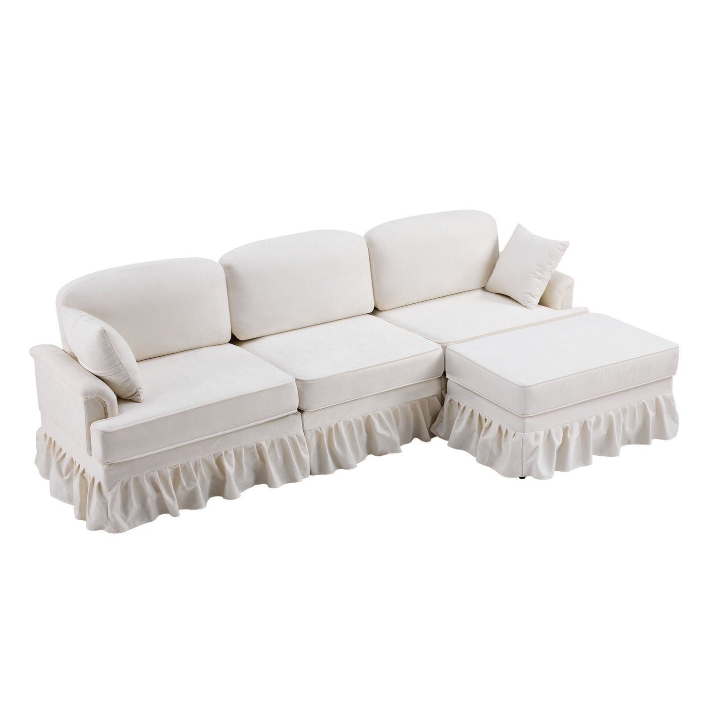 L-Shaped Sectional Sofa With Removable Ruffled Skirt, Flared Arms, Ottoman - White