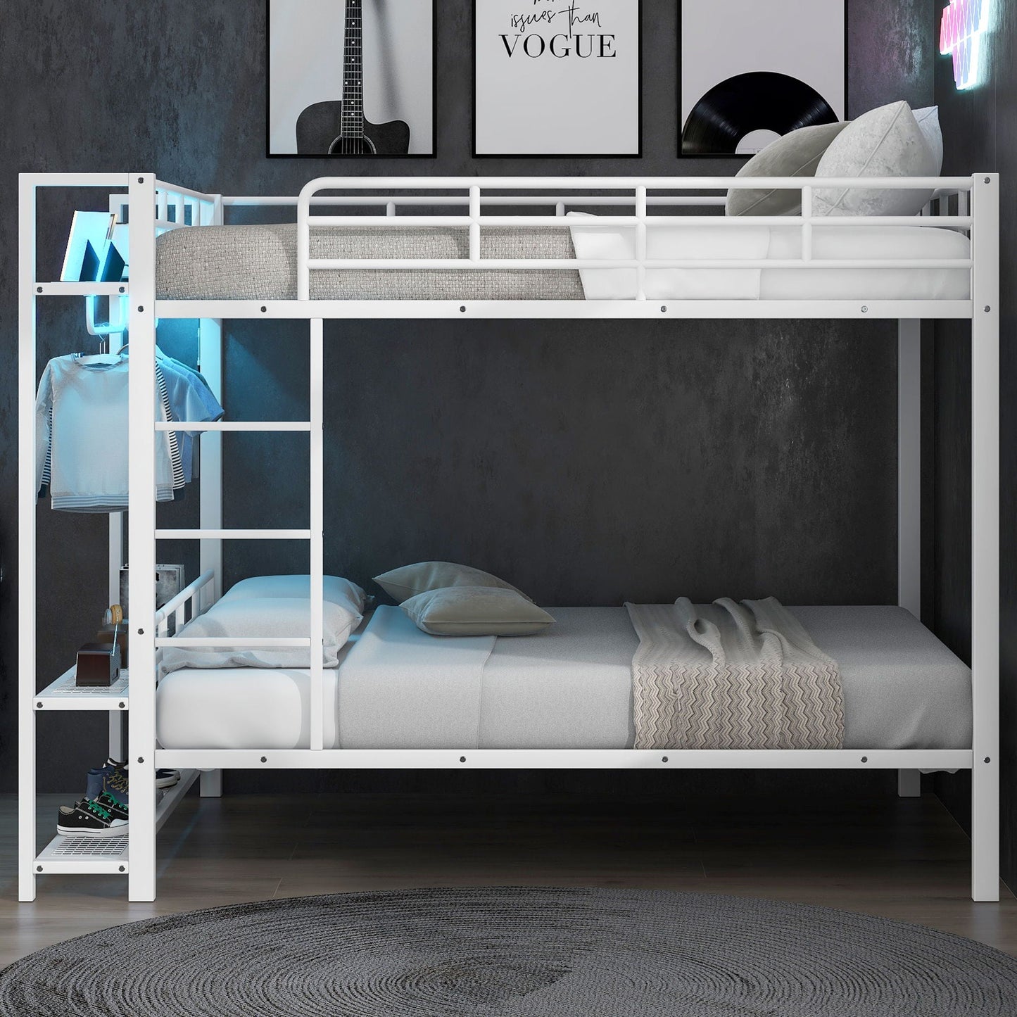 Bunk Bed With Storage Shelves, Clothes Hooks, LED Light