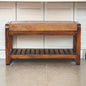 Solid Wood Small Buffalo Slatted Bench, Leather Upholstered, Open Storage