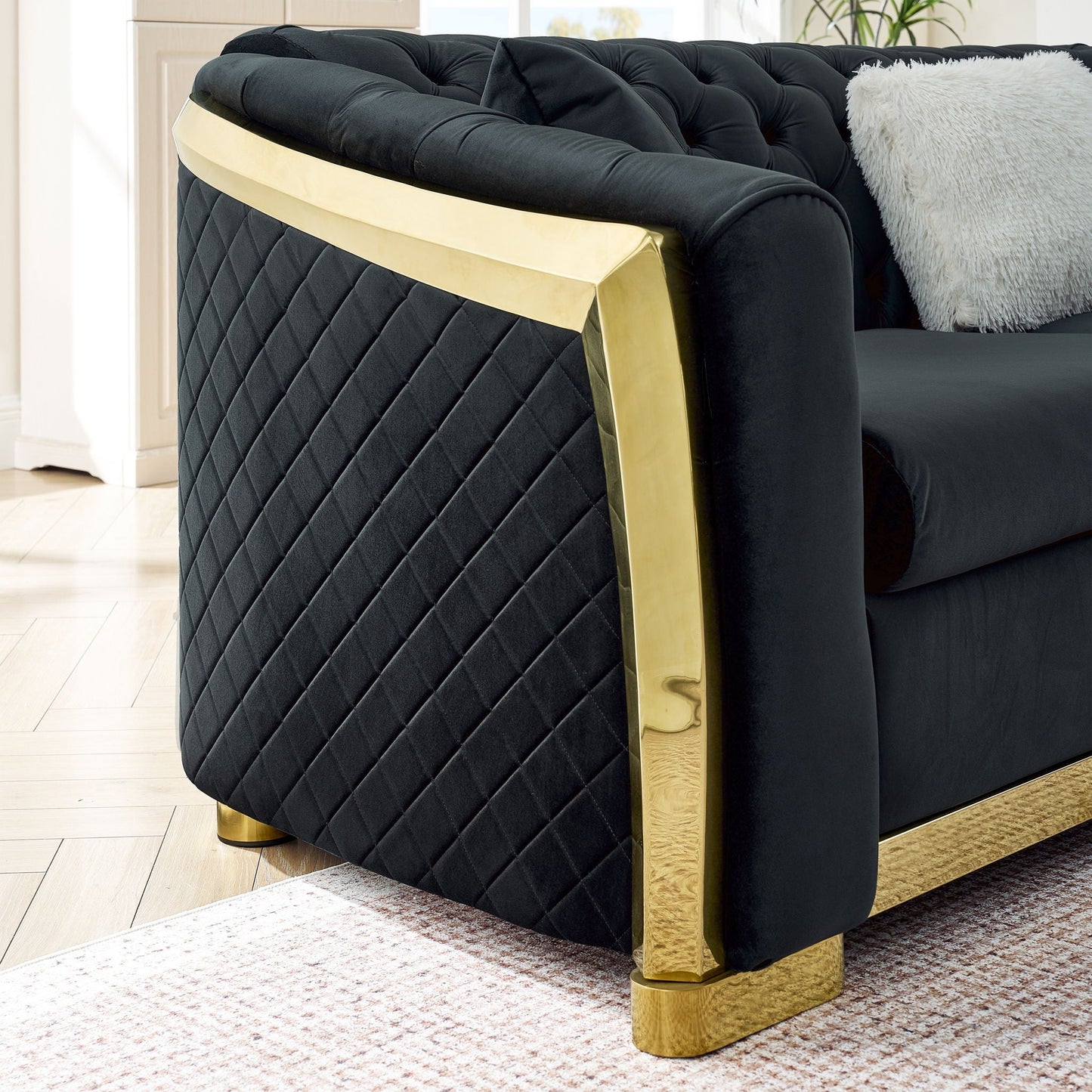 L Shaped Chesterfield Sectional Sofa With Stainless Steel Accents