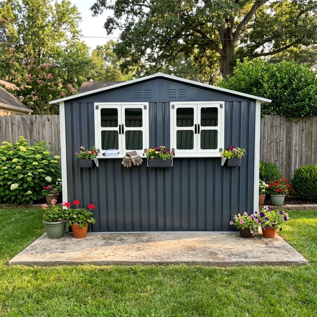 6x9 FT Outdoor Metal Storage Shed with Window & Flower Rack