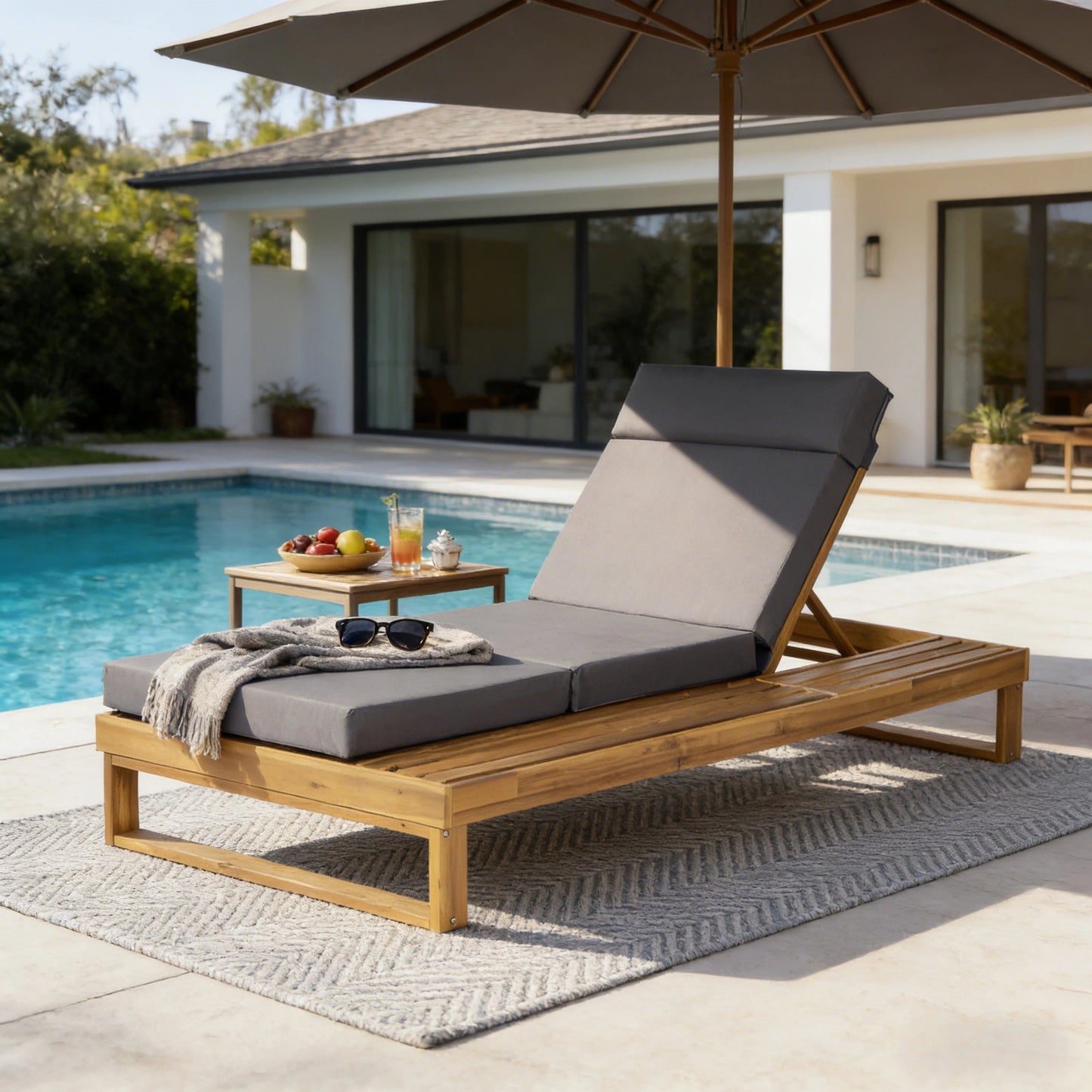 Teak Finish Acacia Wood Chaise Lounge with 4-Inch Cushion