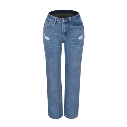 Women's Loose-fit Straight-leg Ripped High-elastic Jeans
