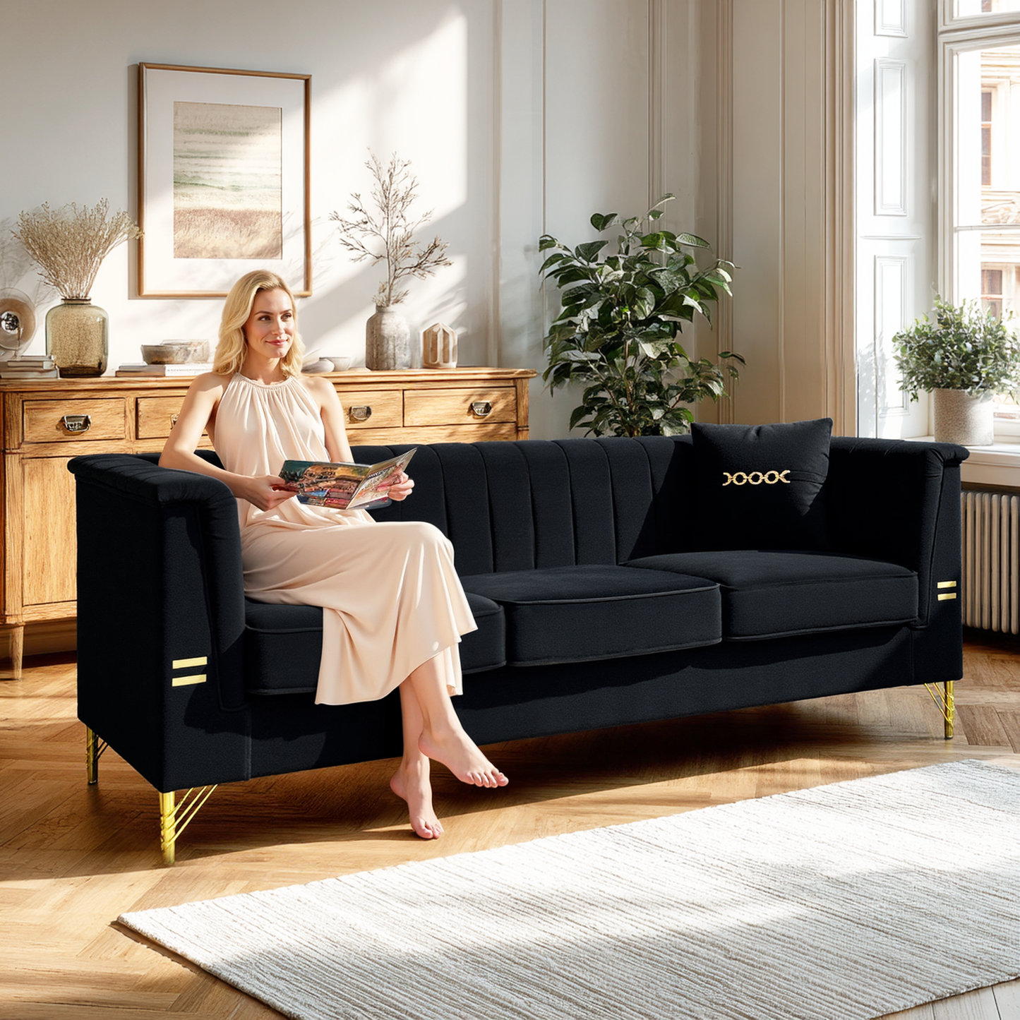 FX-P82-BK2 Modern Velvet 3-Seater Sofa with 2 Pillows