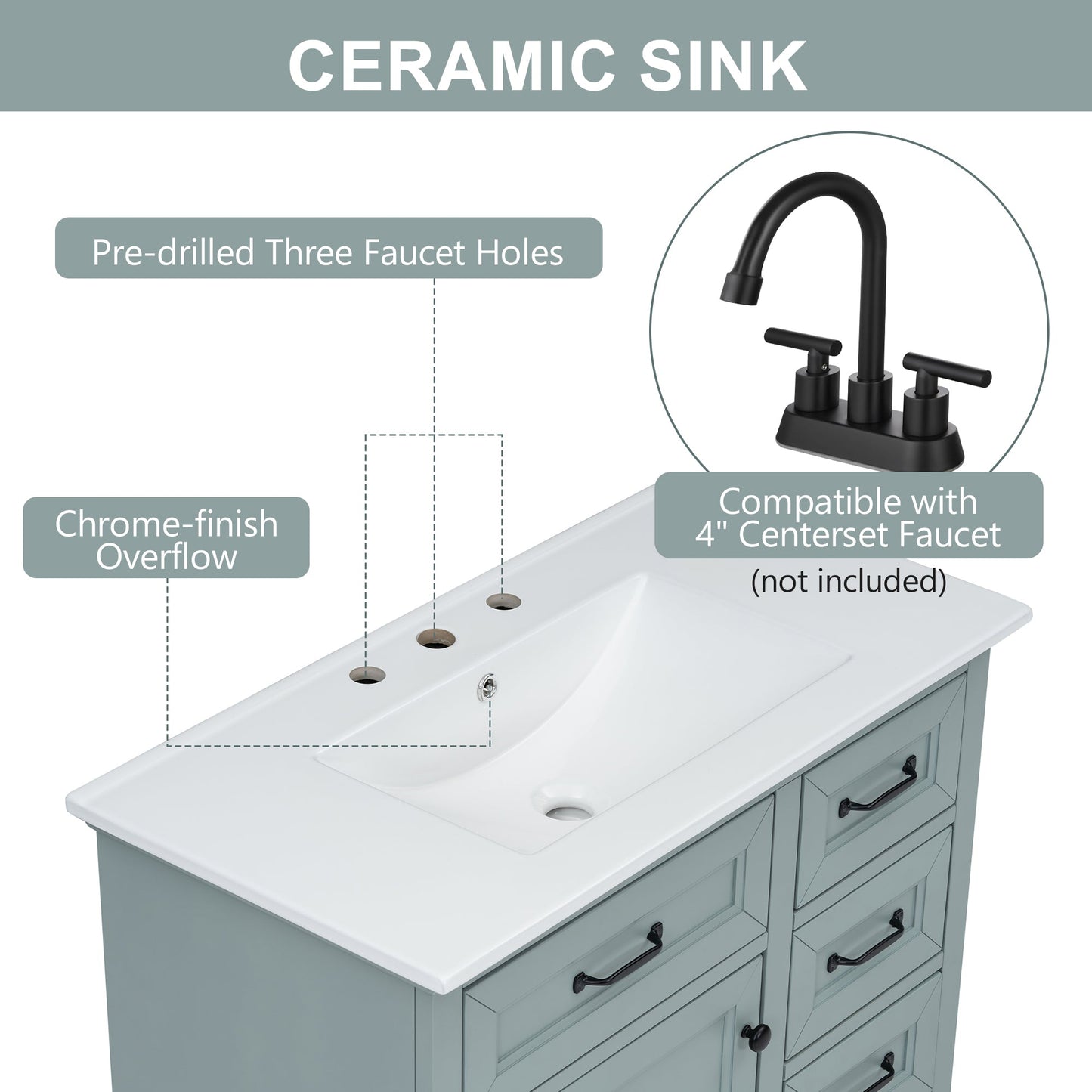 36" Bathroom Vanity with Ceramic Sink and Storage