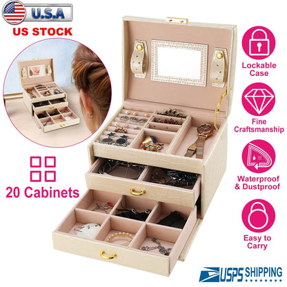Jewelry Case Organizer 3-layer Lockable Travel Jewelry Box PU Leather Storage Display Case with Mirror Protective for Bracelets Earrings Rings Necklac